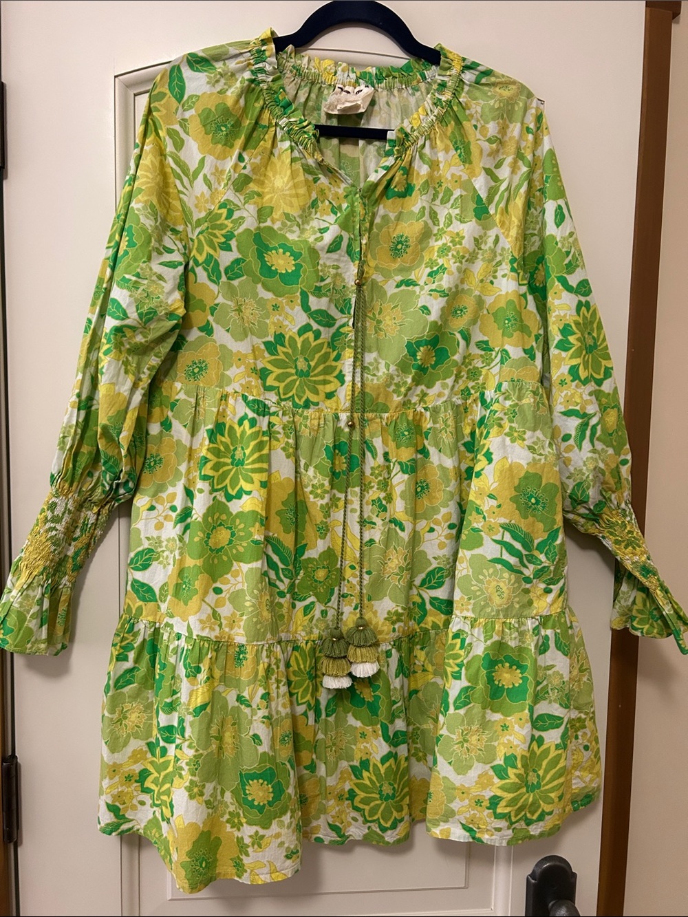 Figue Floral Bella Tiered Long-Sleeve Mini Dress in Green & Yellow